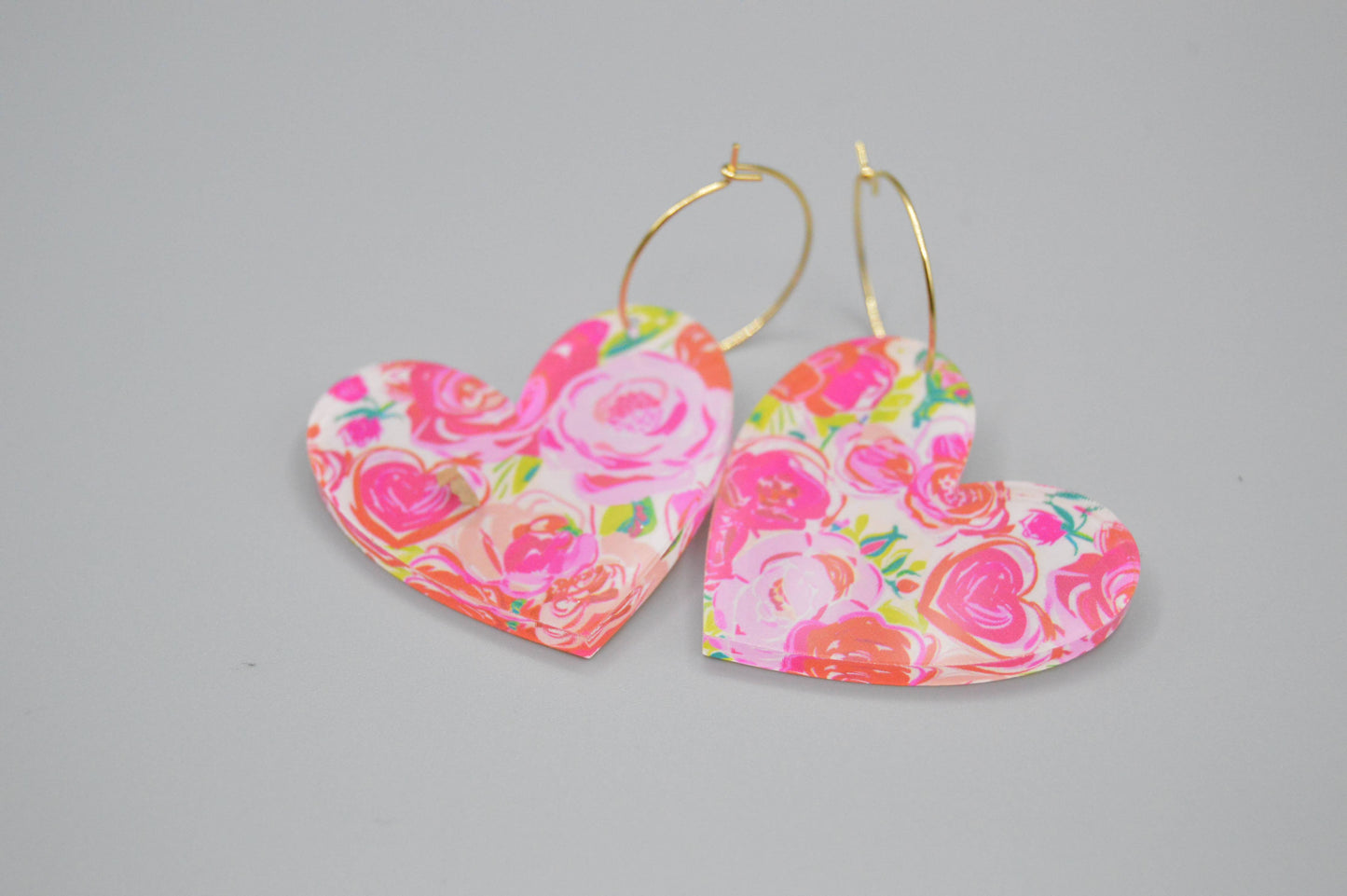 Valentine’s Heart Earrings, Floral Acrylic Earrings, Roses