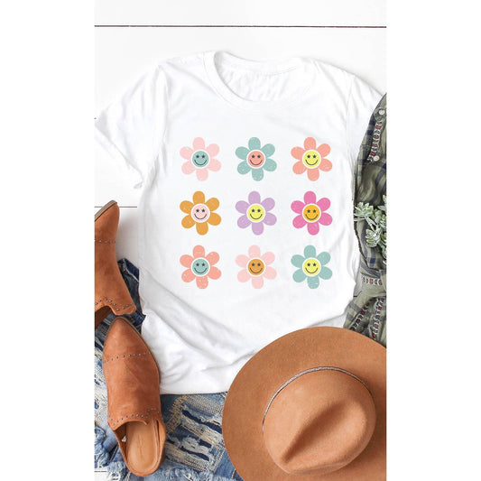 Retro Smiley Daisy Grid Graphic Tee
