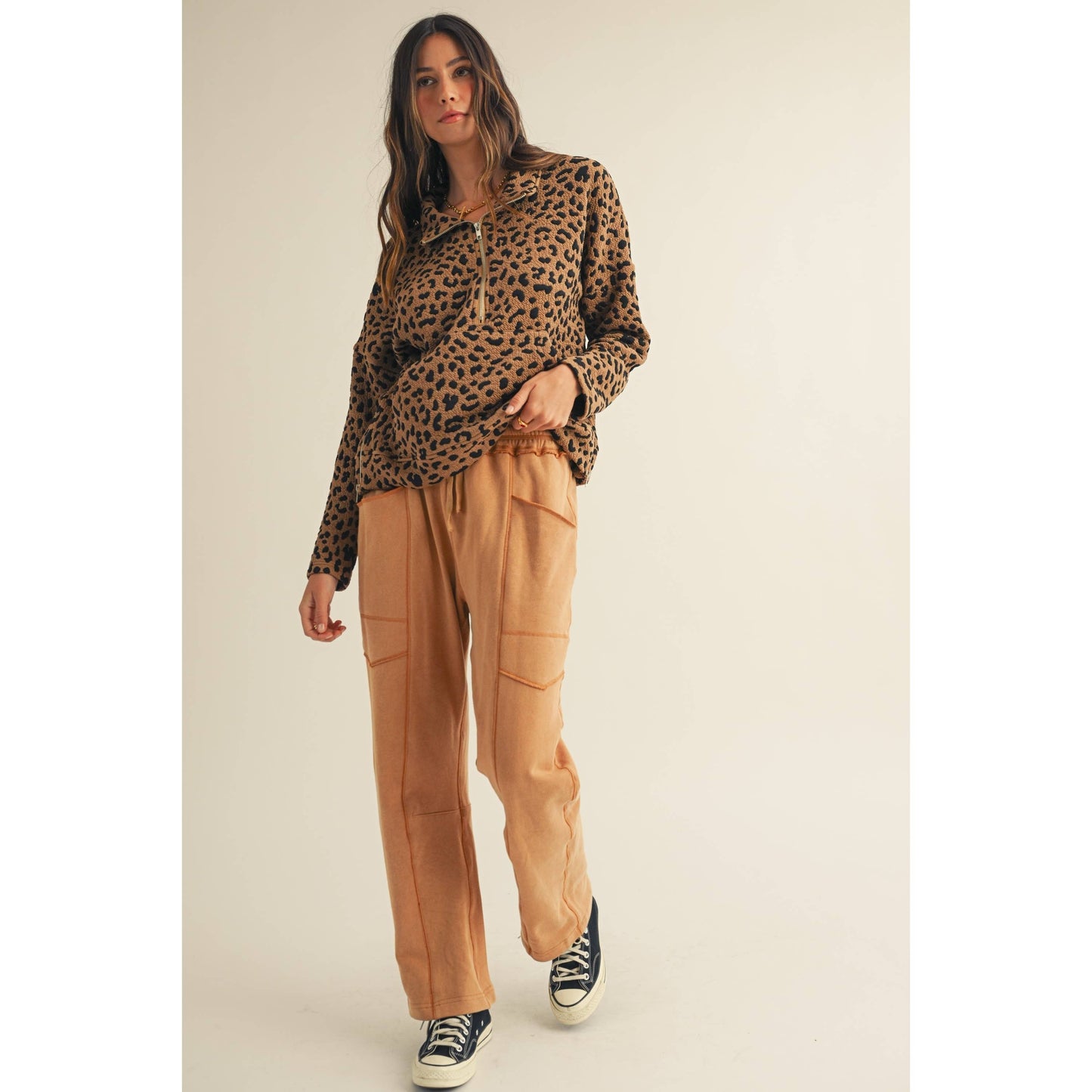 Leopard Loose Fit Zipper Pullover Top