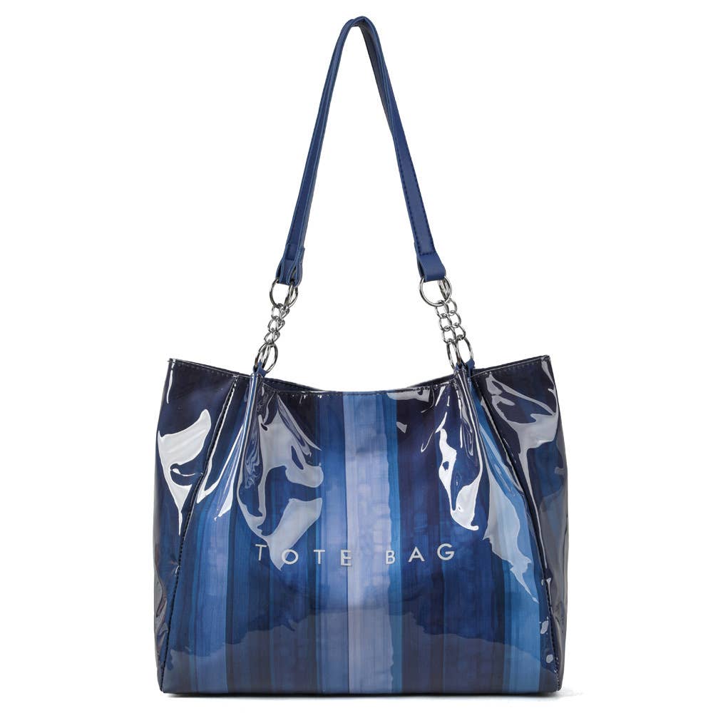 Gradient Striped PVC Tote Bag Letter Print Daily Commute Bag