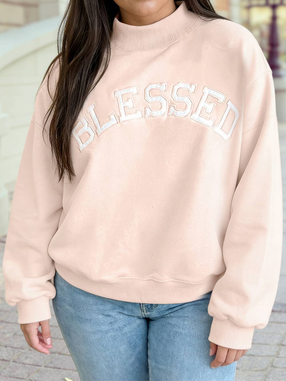 Spring 2026 Blessed Embroidered Mock Neck Sweatshirt | S-4X