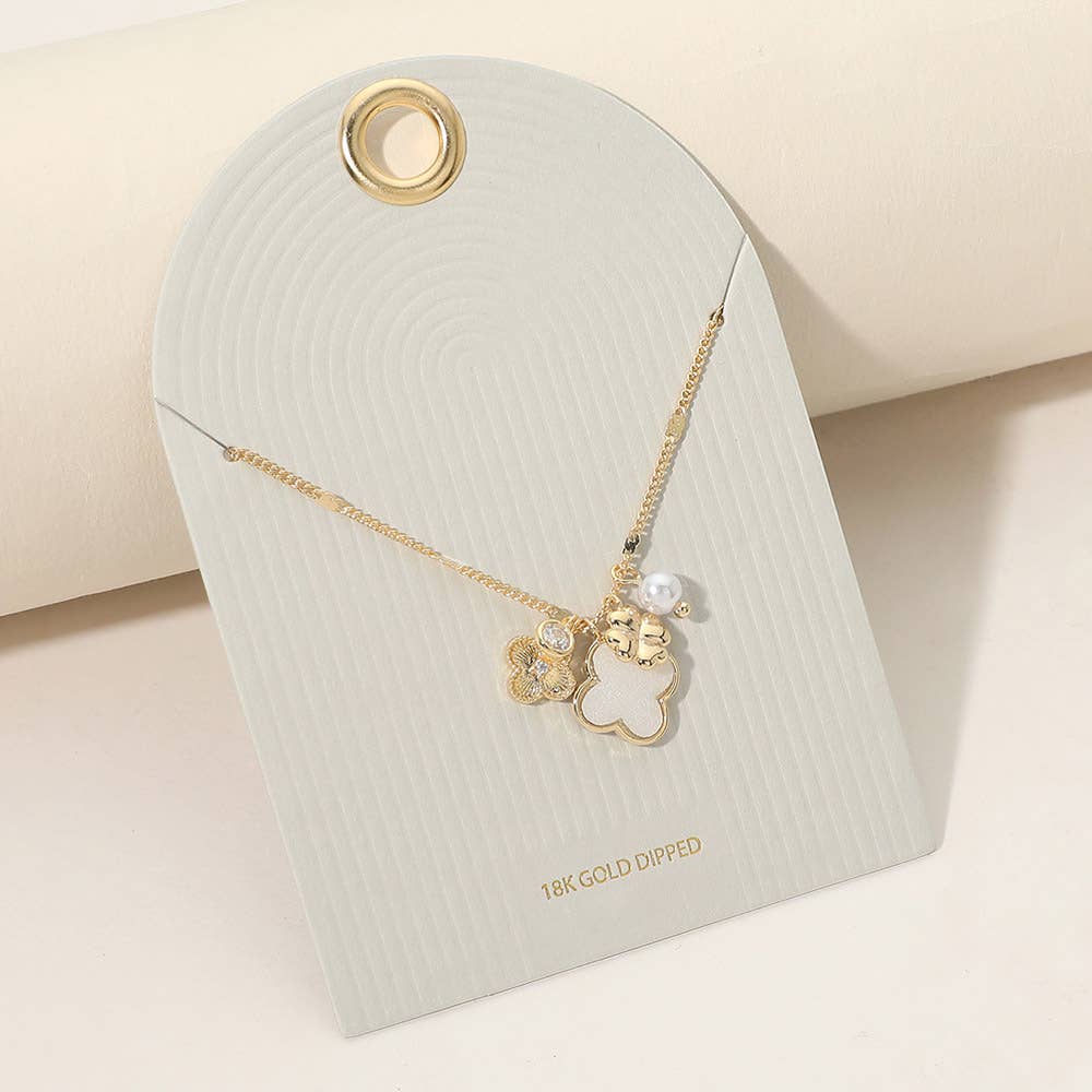 18K Gold Dipped Mother of Pearl Quatrefoil Floral Pearl Charm Necklace
