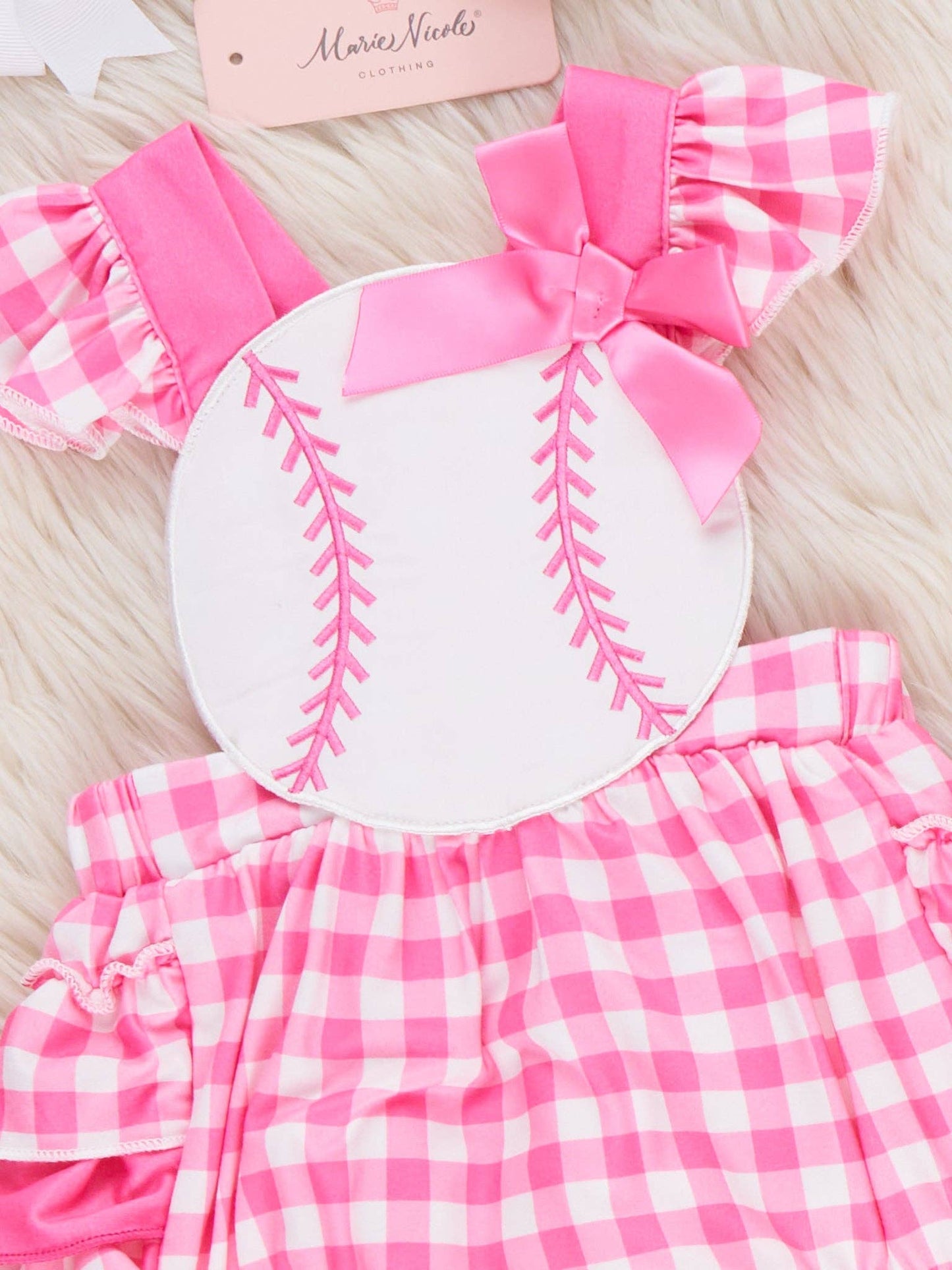 Little Slugger Check Embroidered Ruffle Bubble Romper
