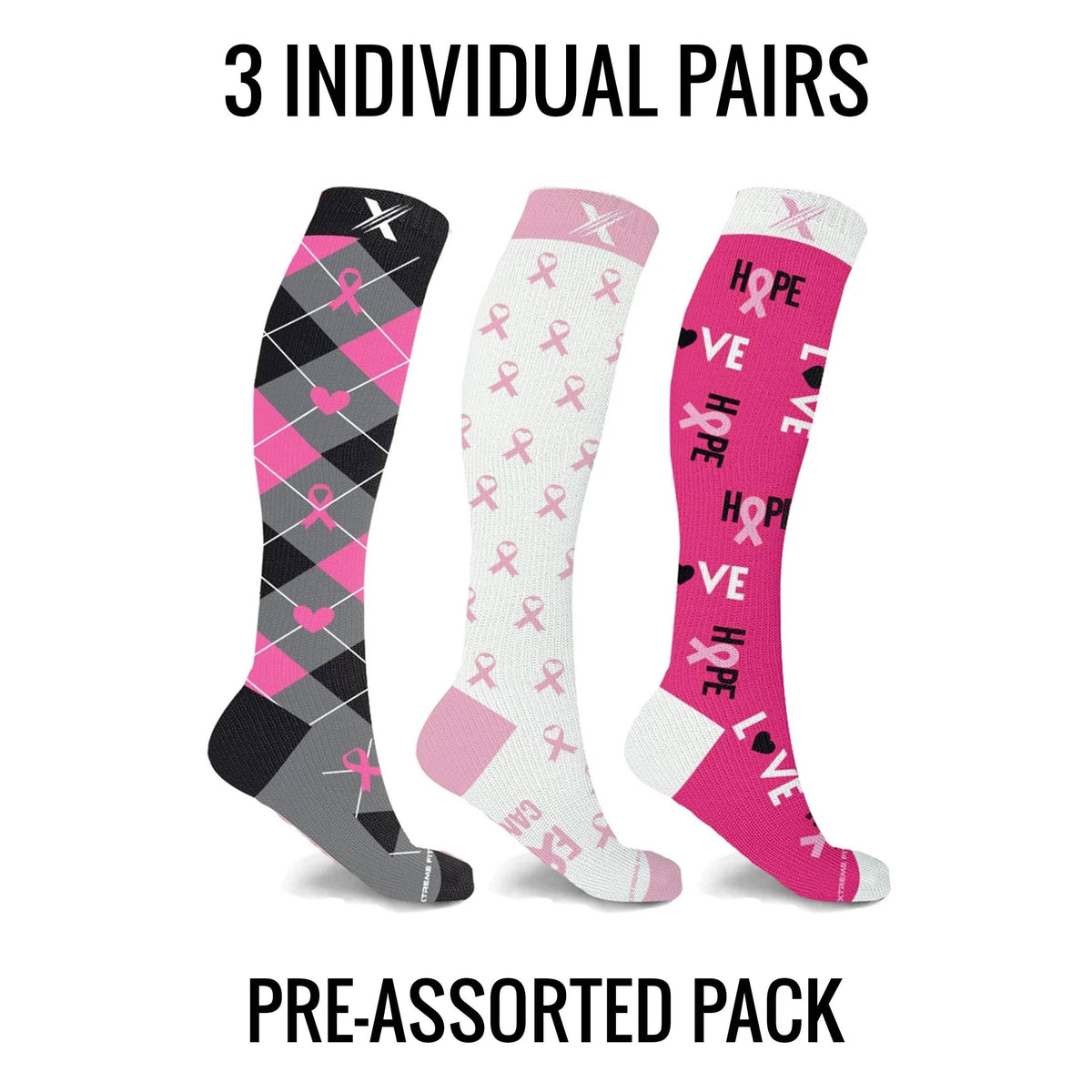 BCA KNEE-HIGH HOPE & LOVE COMPRESSION SOCKS - 3 ASST STYLES