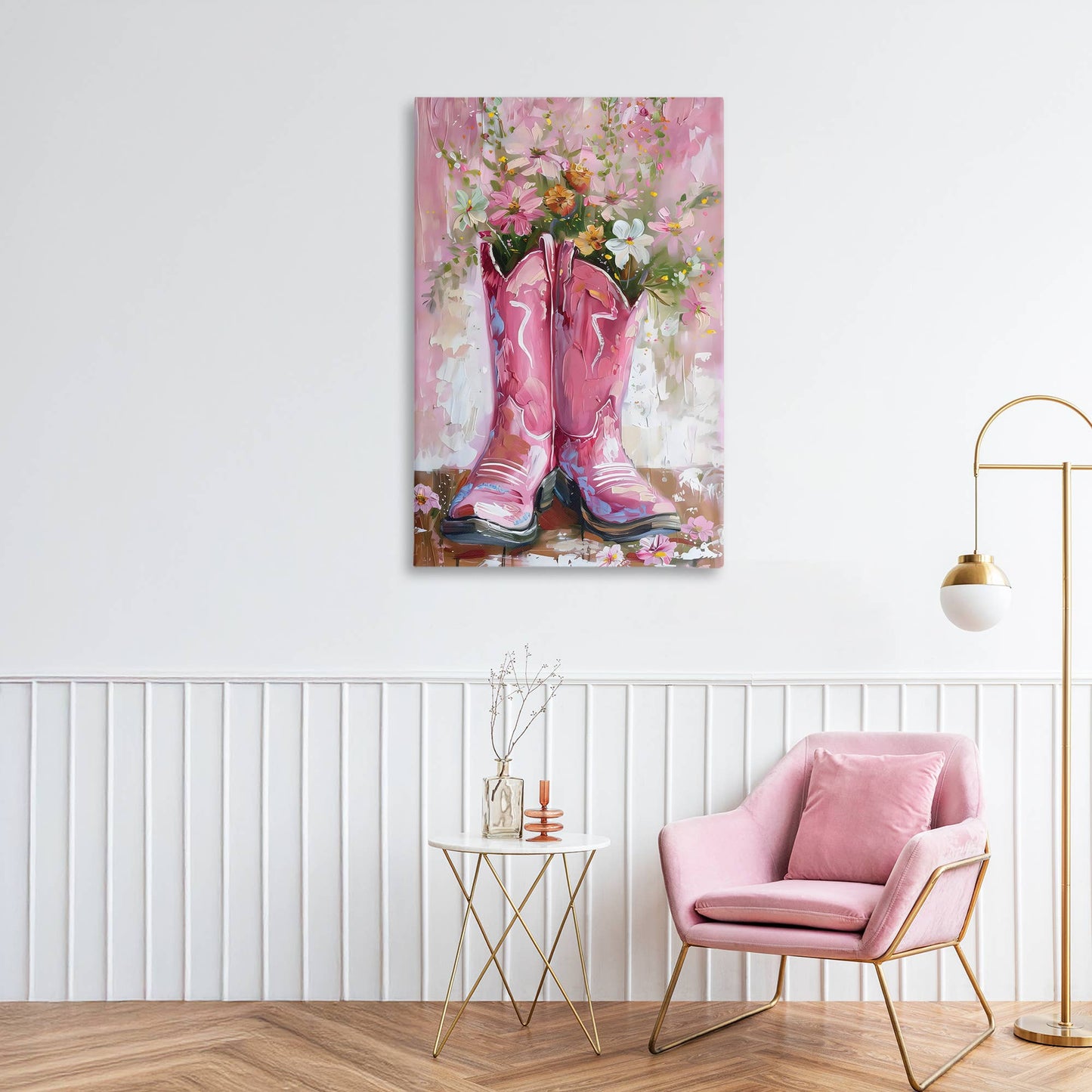 Floral Boots Pink Cowgirl - Unframed Wall Art