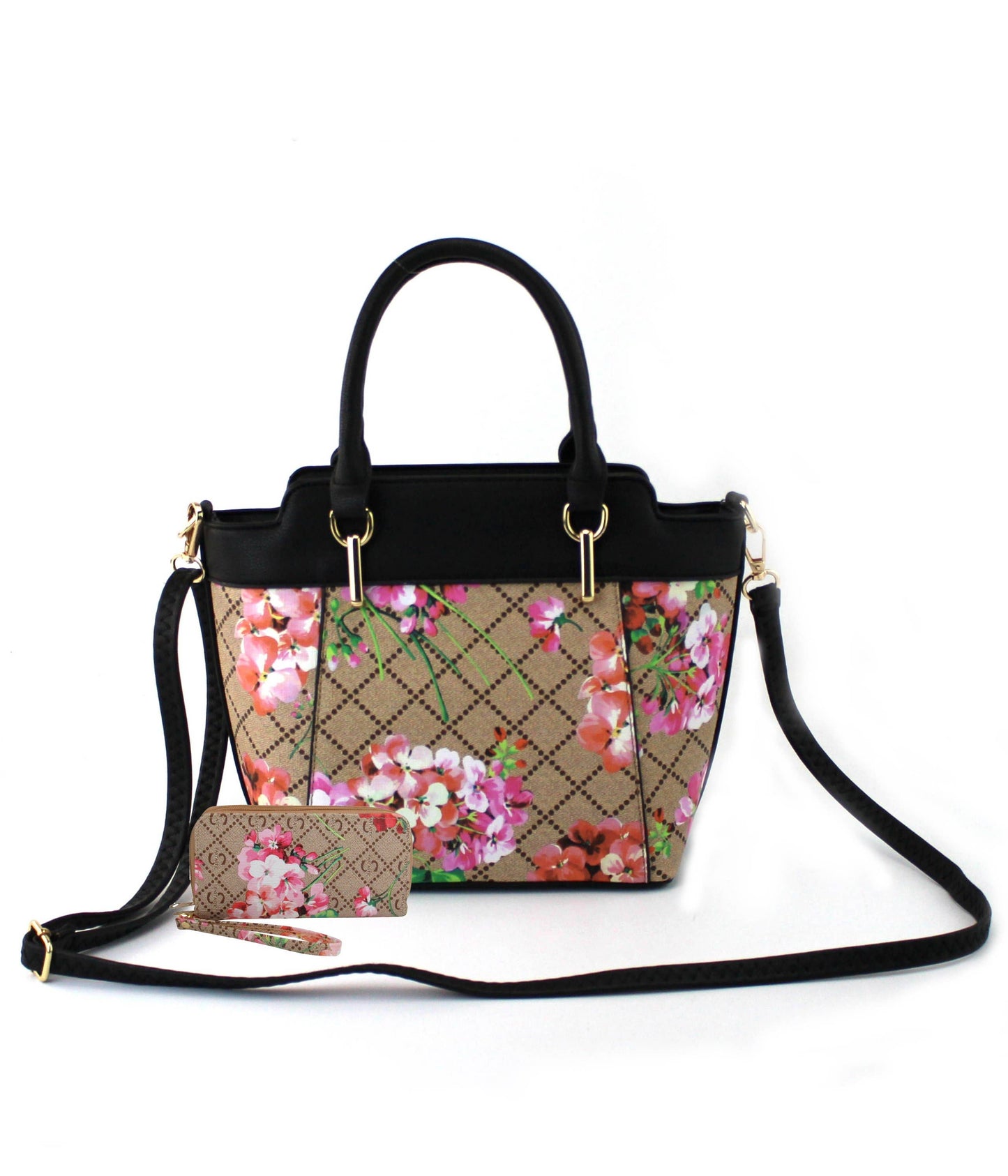 7809A - PU Floral Print Two Color 2 in 1 Tote Bag