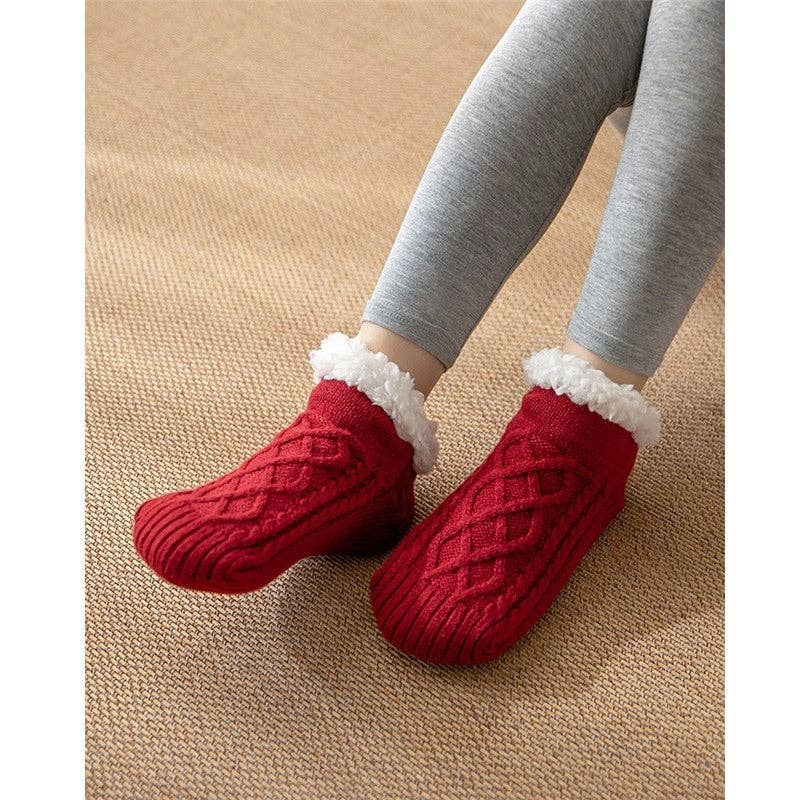 Adults Solid Color Knitted Fleece Lining Thick Warm Non-Slip Indoor Socks