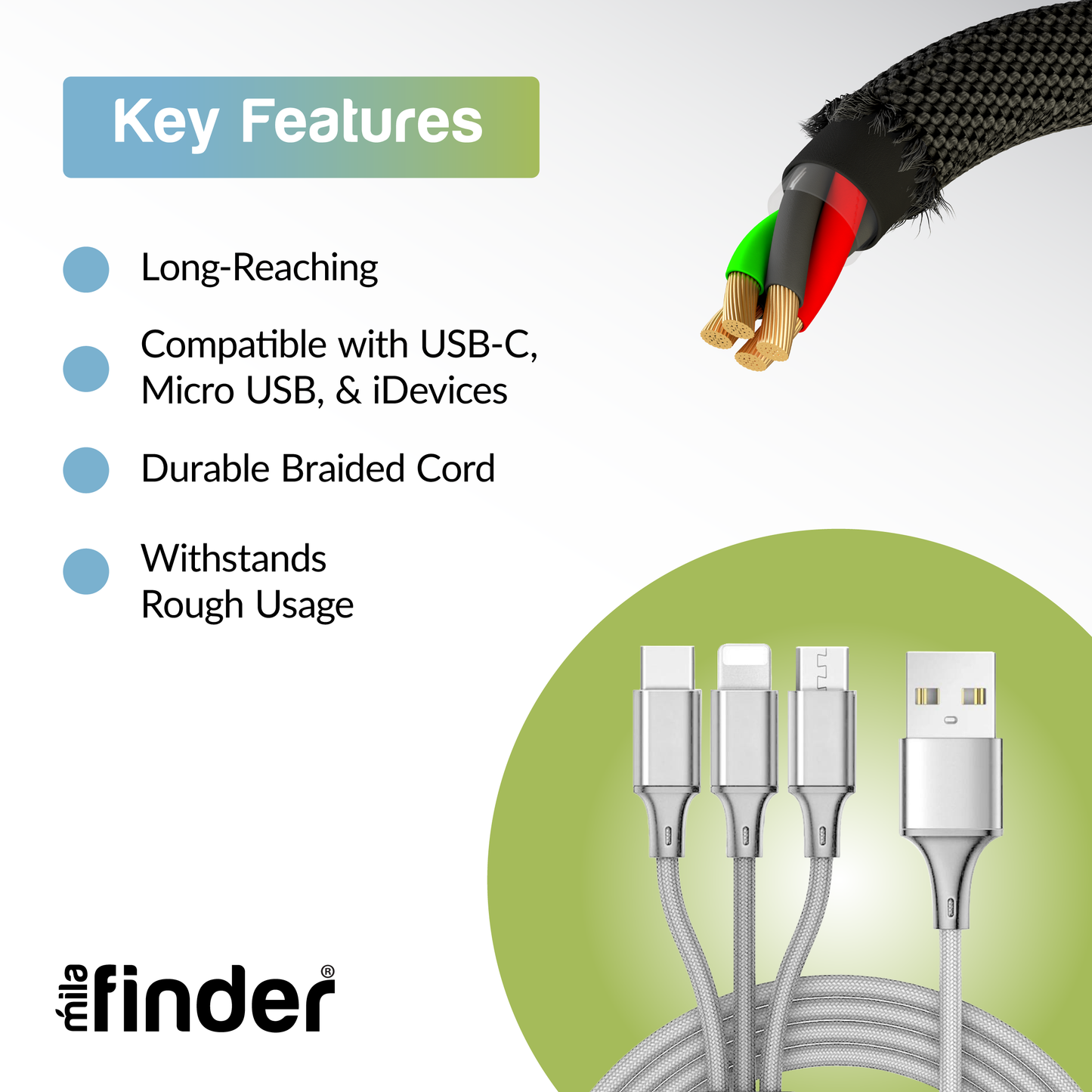 10 Foot 3 in 1 Refill Cable - Micro USB, Lightning, Type C