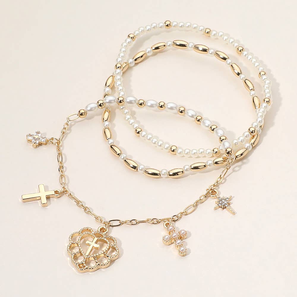 3PCS Cross Charm Pearl Bead Stretch Multi Layered Bracelets