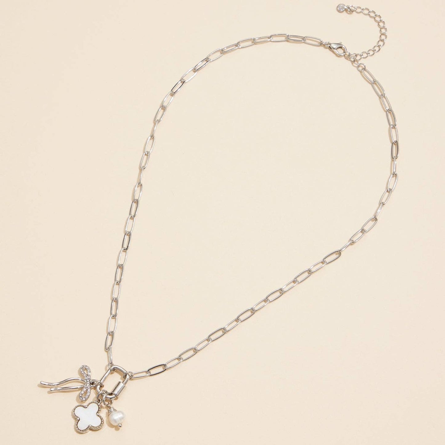 Gold Dipped Bow Charm Necklace with Clover and Pearl