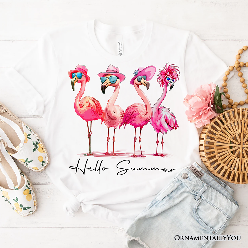 Flamingo Hello Summer T-Shirt, Retro Tee with Tropical Birds