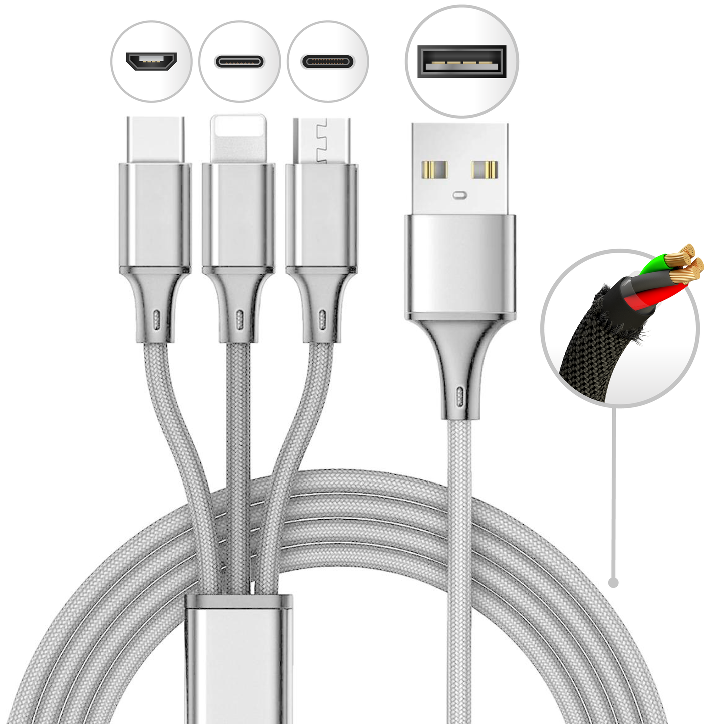 10 Foot 3 in 1 Refill Cable - Micro USB, Lightning, Type C