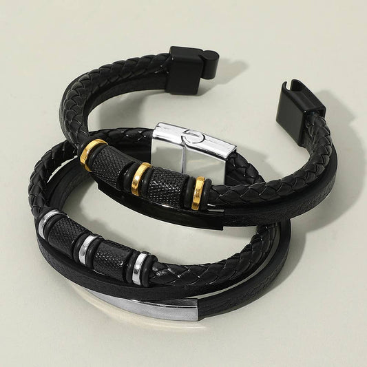 Mens Metal Accent Braided Smooth Genuine Leather Magnetic Bracelet