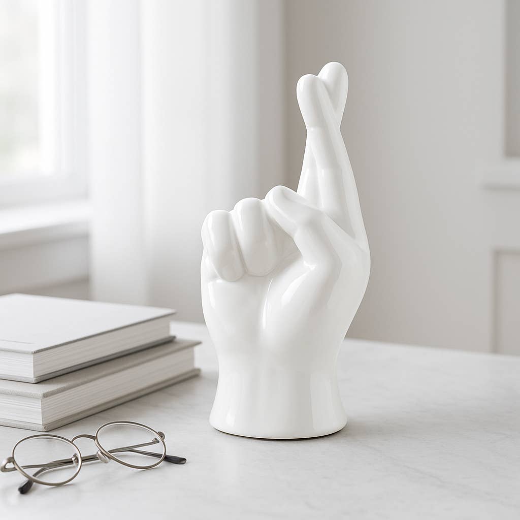 White 8 in. Ceramic Crossing Fingers Signal Hand Sculpture