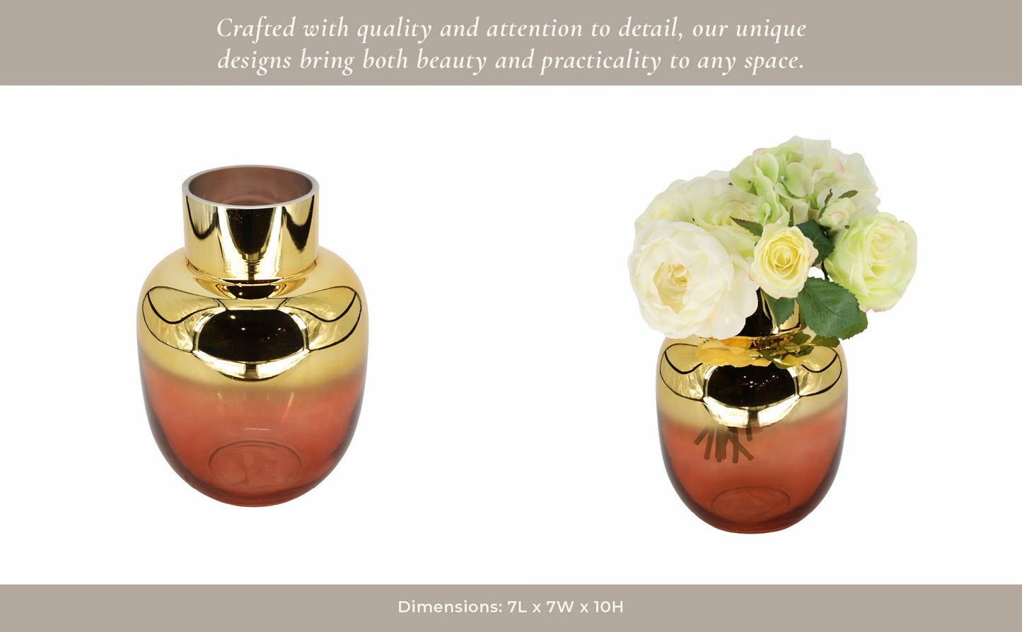 Glass Round Metallic Decorative Flower Vase - Pink, 10 in.