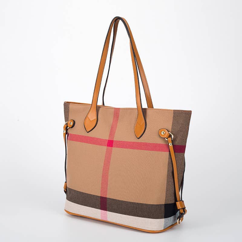 Classic Plaid Canvas & Leather Trim Tote Bag