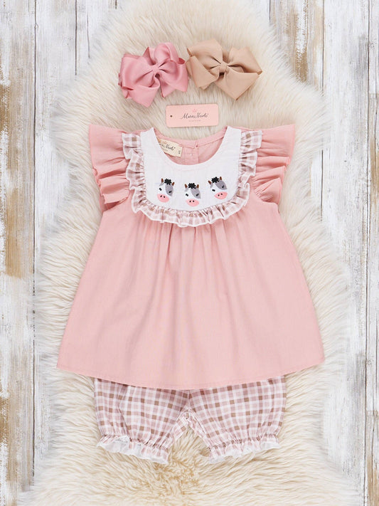 Embroidered Cows Ruffle Bib Outfit