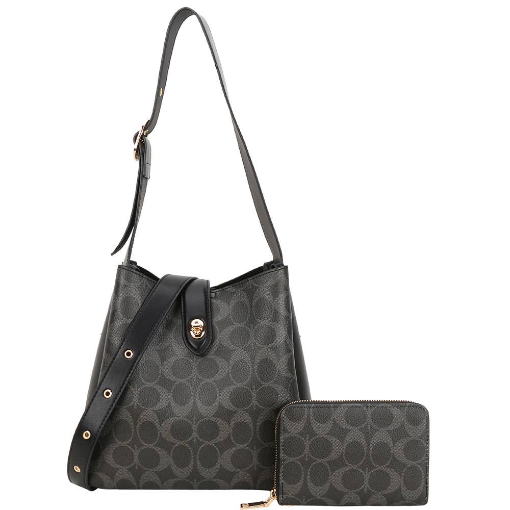 2IN1 OVAL PRINT SHOULDER HOBO BAG W WALLET SET, QFT 1327A