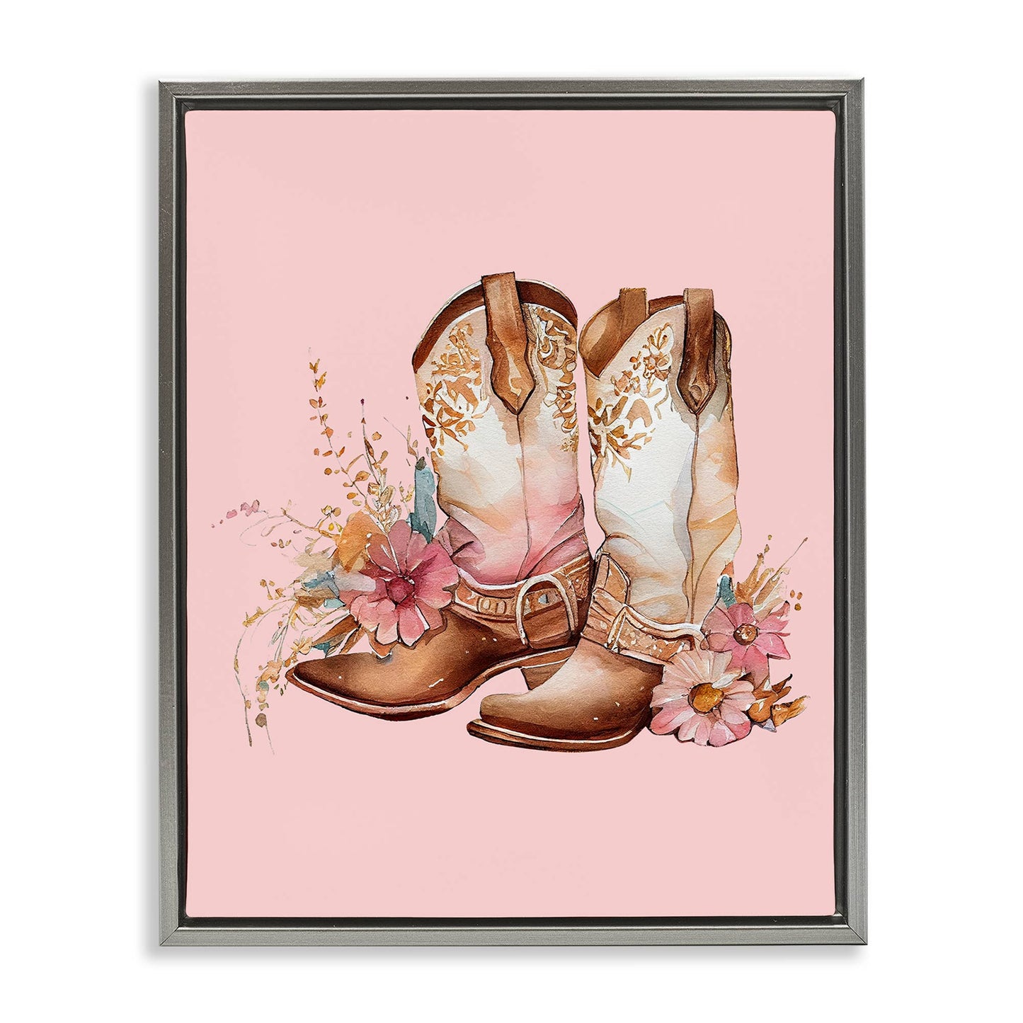 Floral Pink Cowgirl Boots - Framed Wall Art