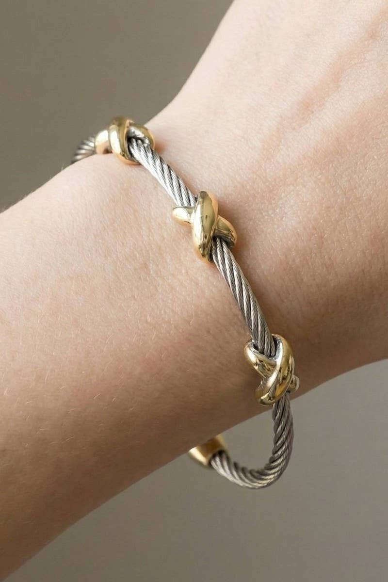 Two-Tone Cable Wire Gold X-Station Bangle Bracelet 1738B