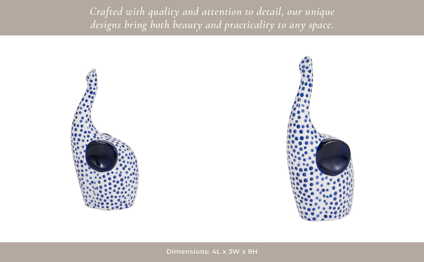 Blue/White 8x4 in. Stoneware Hand-Stamped Trunk Up Elephant