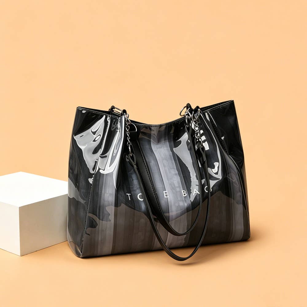 Gradient Striped PVC Tote Bag Letter Print Daily Commute Bag