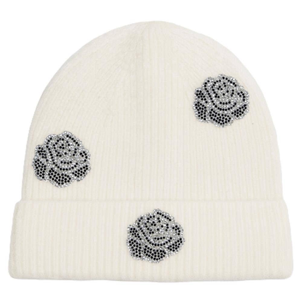 Rhinestone Rose Pattern Knit Beanie Hat AHT-91565
