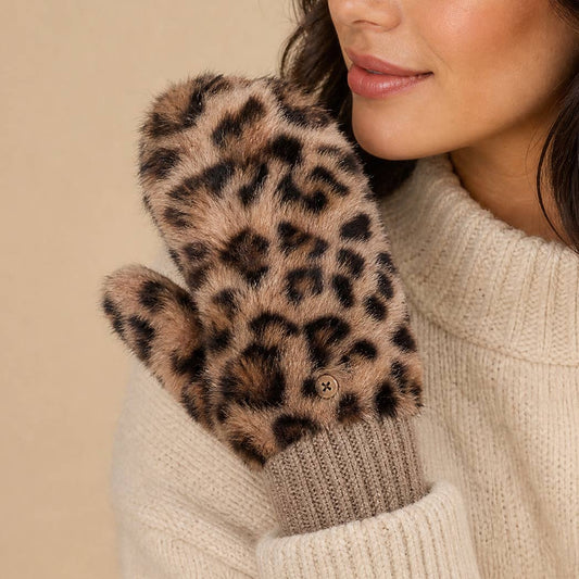 Women's Leopard Faux Fur Convertible Mitten Gloves