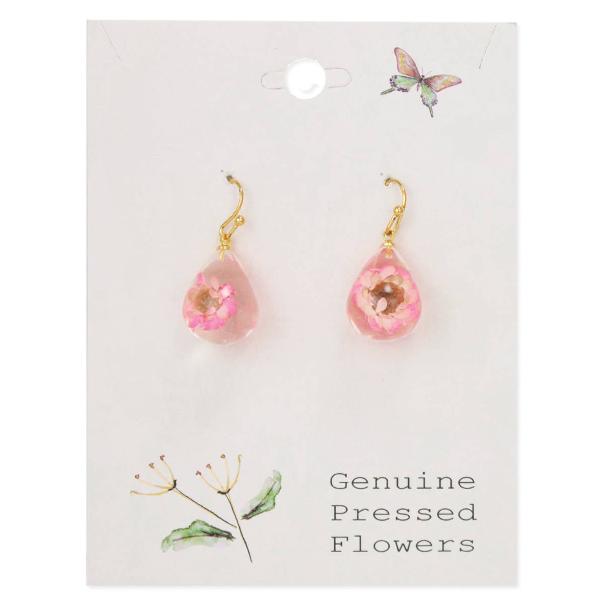 Pink Dried Flower Clear Teardrop Earrings