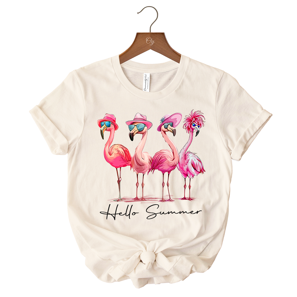 Flamingo Hello Summer T-Shirt, Retro Tee with Tropical Birds