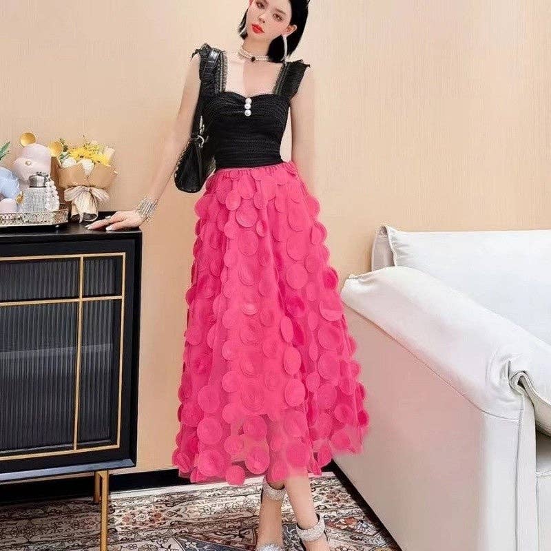 Women's High Waist Embroidered Polka Dot Midi Tulle Skirt