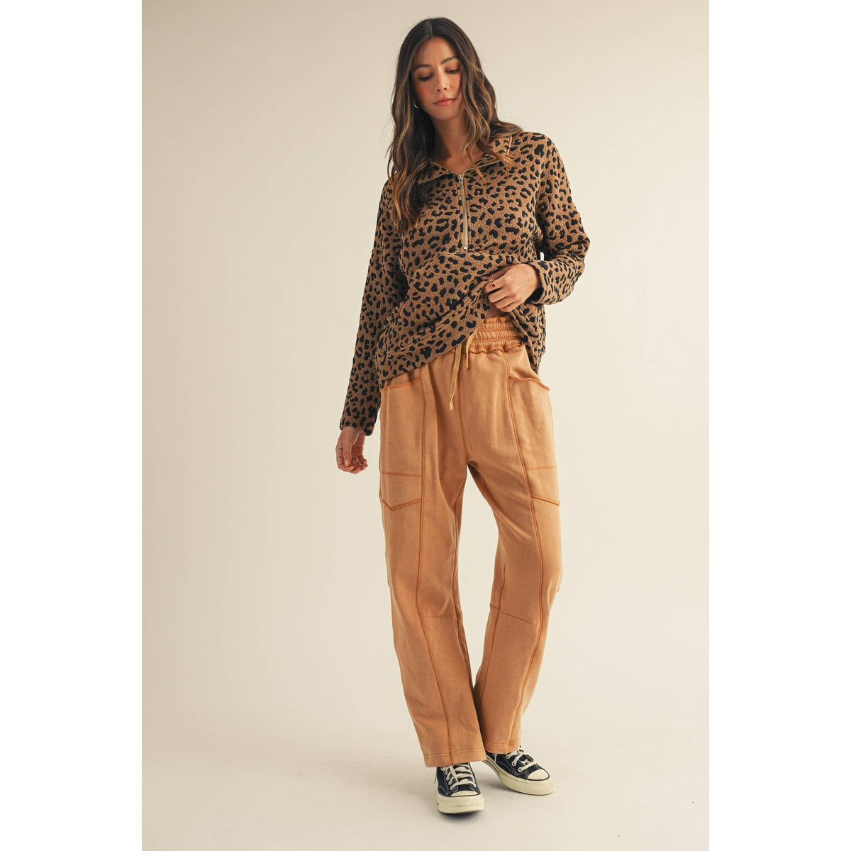 Leopard Loose Fit Zipper Pullover Top