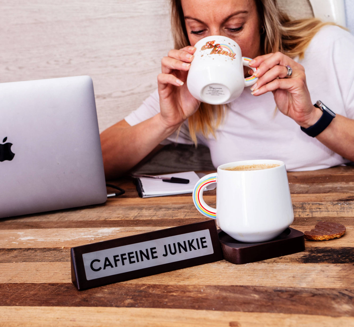 Caffeine Junkie Wooden Gag Desk Sign - Funny Novelty Gifts