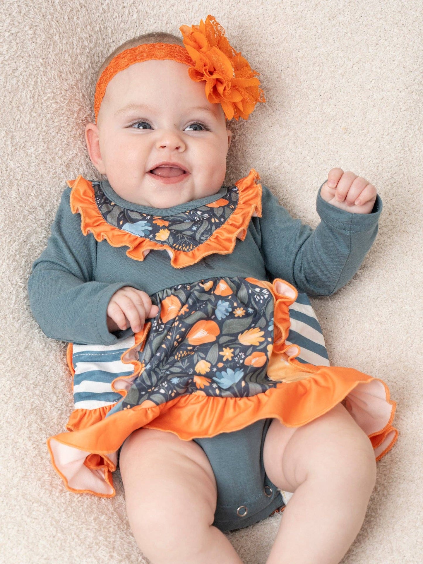 Cobalt & Orange Floral Stripe Peplum Ruffle Bubble