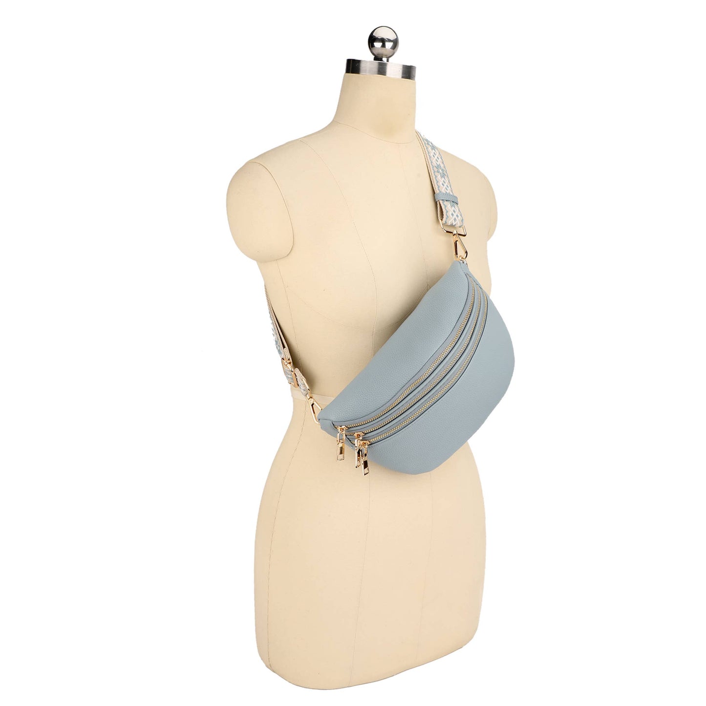 TINA TRIPLE ZIPPERED SLING BAG WITH PRINTED STRAP