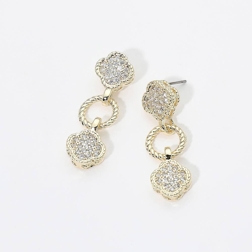 14K Gold Plated CZ Quatrefoil Charm Link Drop Earrings