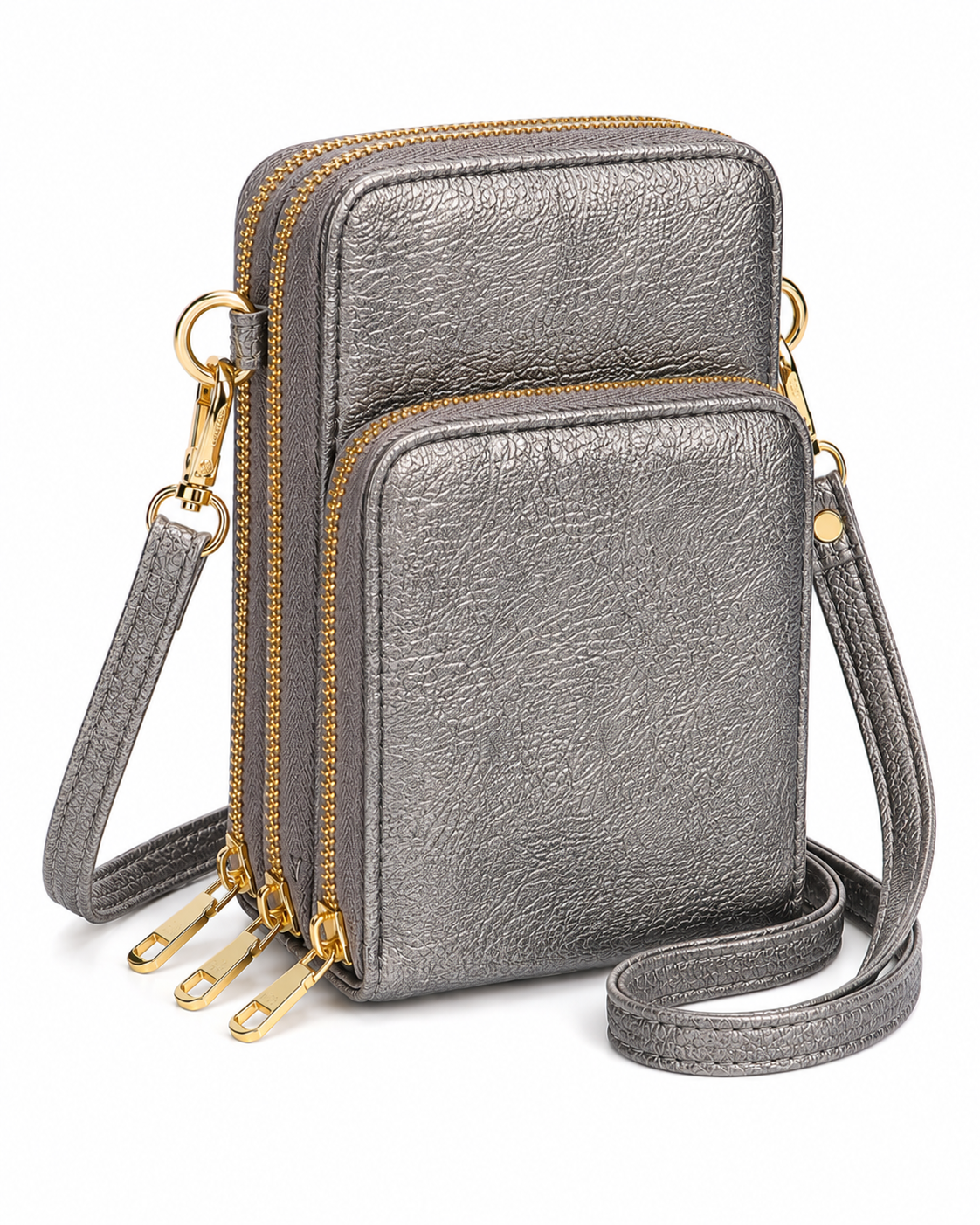 Triple Zip Vegan Leather Crossbody Wallet Bag with Strap