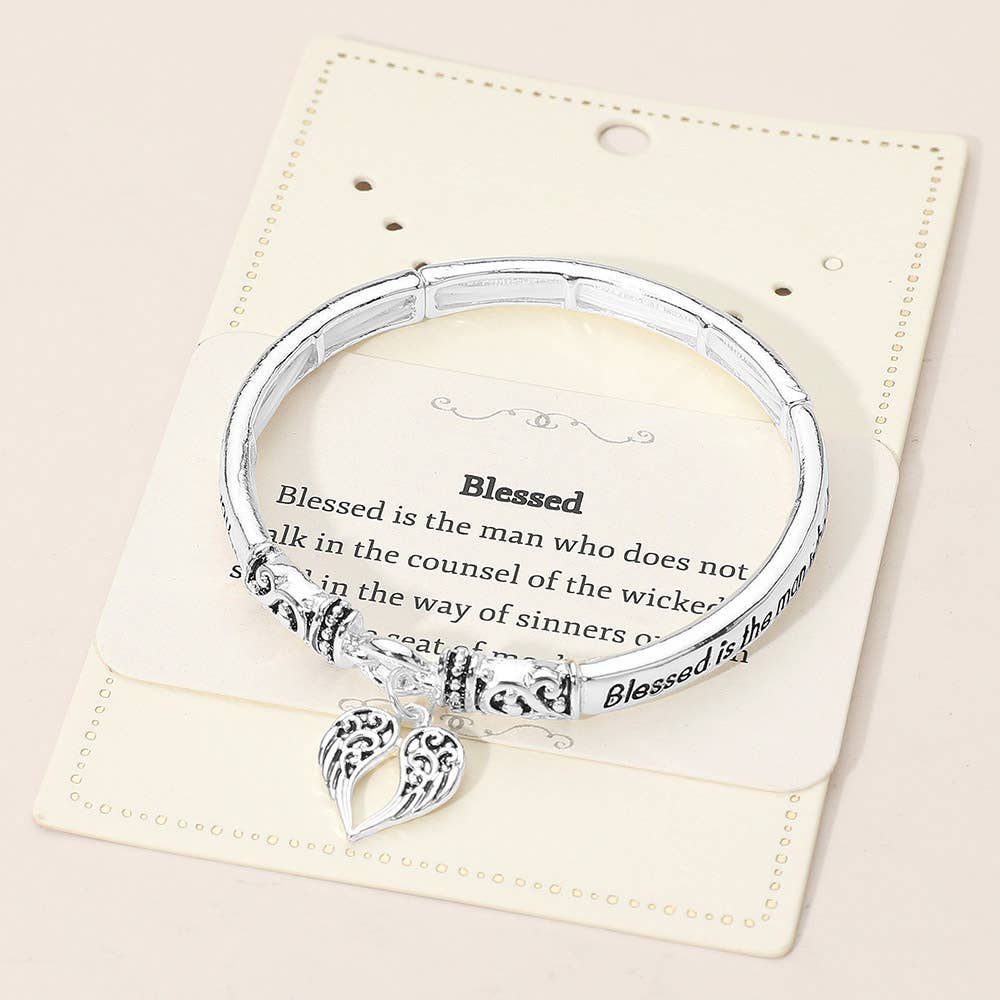 Blessed Inspirational Religious Message Heart Angel Wing Charm Stretch Bangle Bracelet