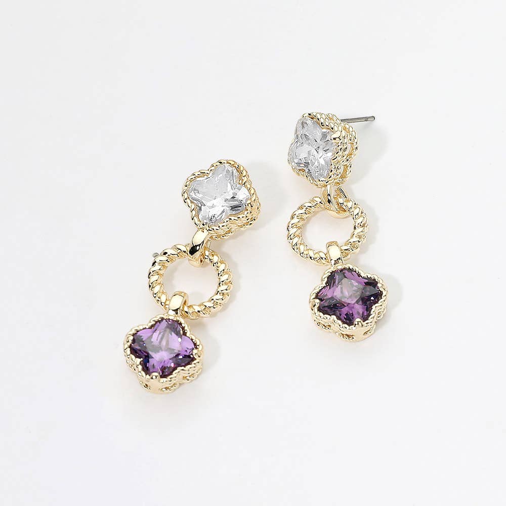 14K Gold Plated CZ Quatrefoil Charm Link Drop Earrings