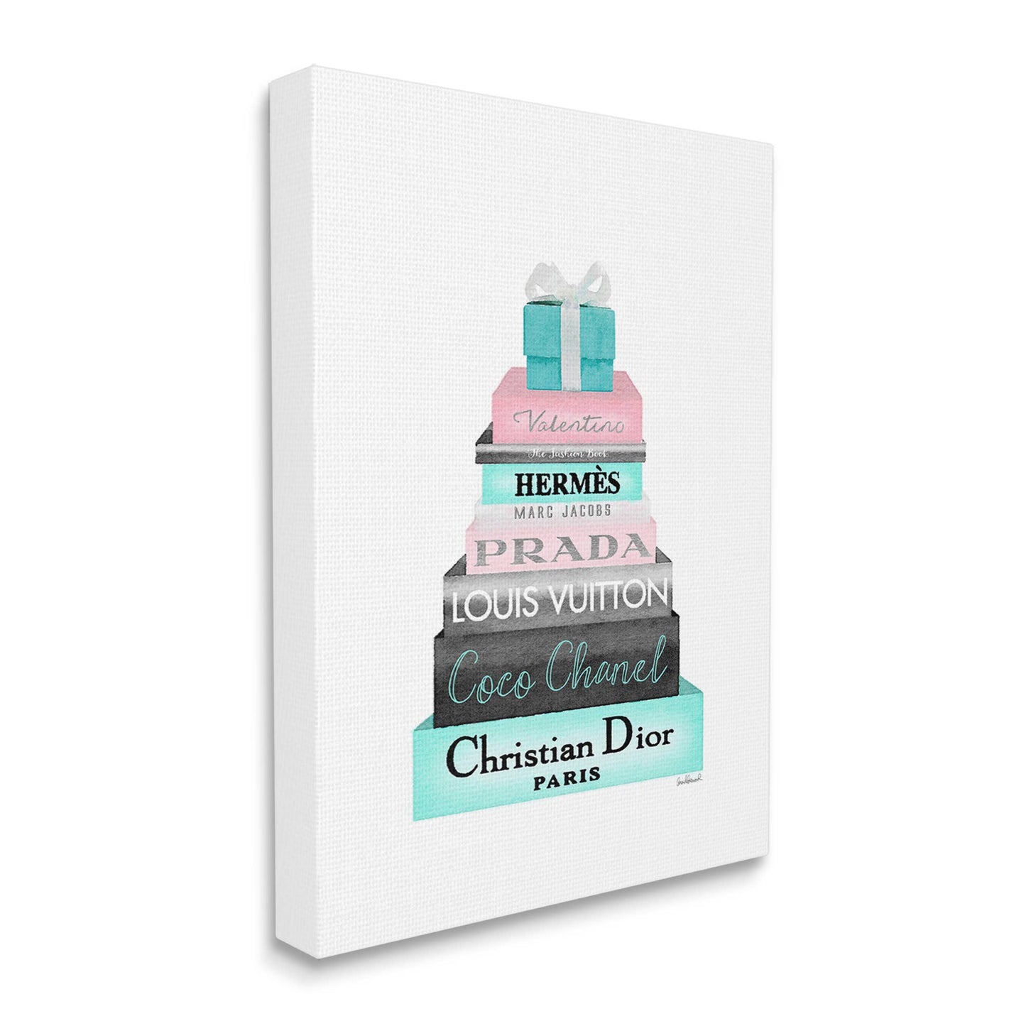 High Fashion Bookstack Pink with Blue Box and Bow Canvas