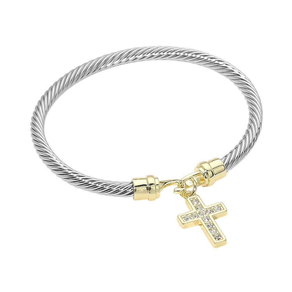 CZ Pave Cross Charm Cable Bangle Bracelet