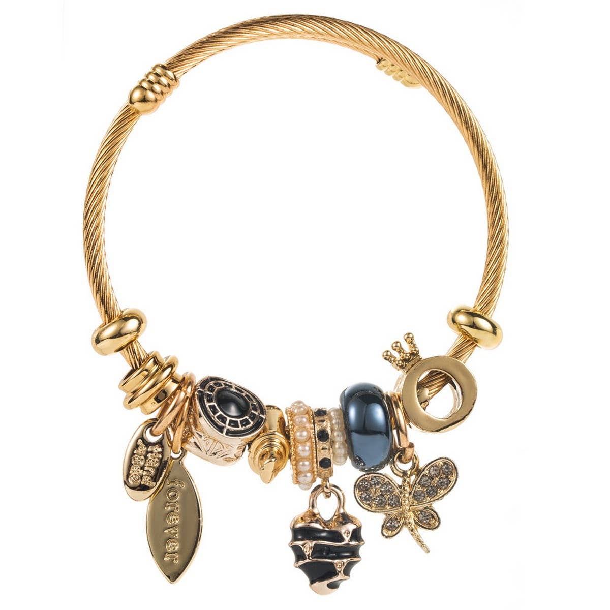 Travel Style Steel Bracelet with Rhinestone Charms_CWMM8584