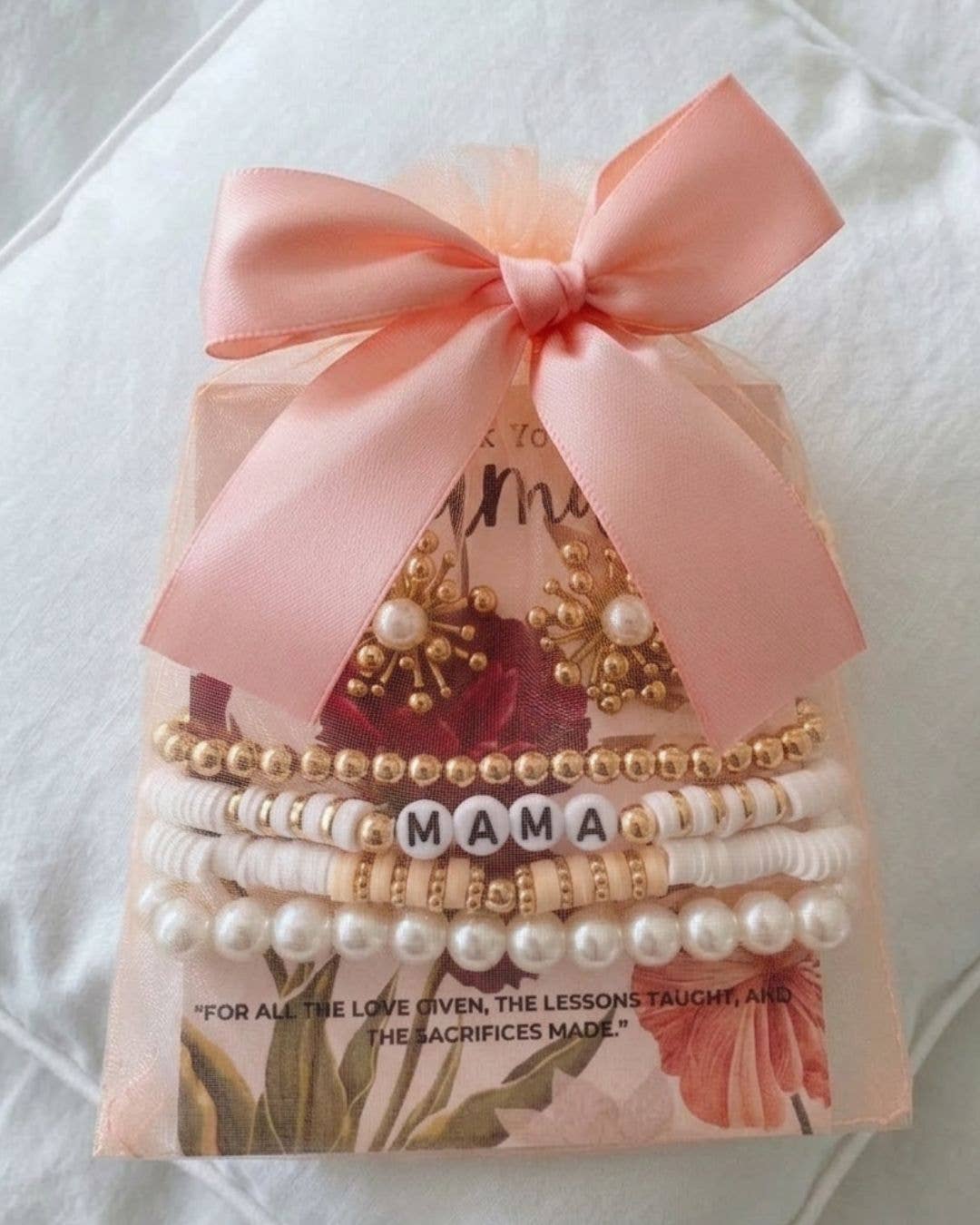 Mama Flower Pearl Earring & Stack Beads Bracelet Set Peach & White-W
