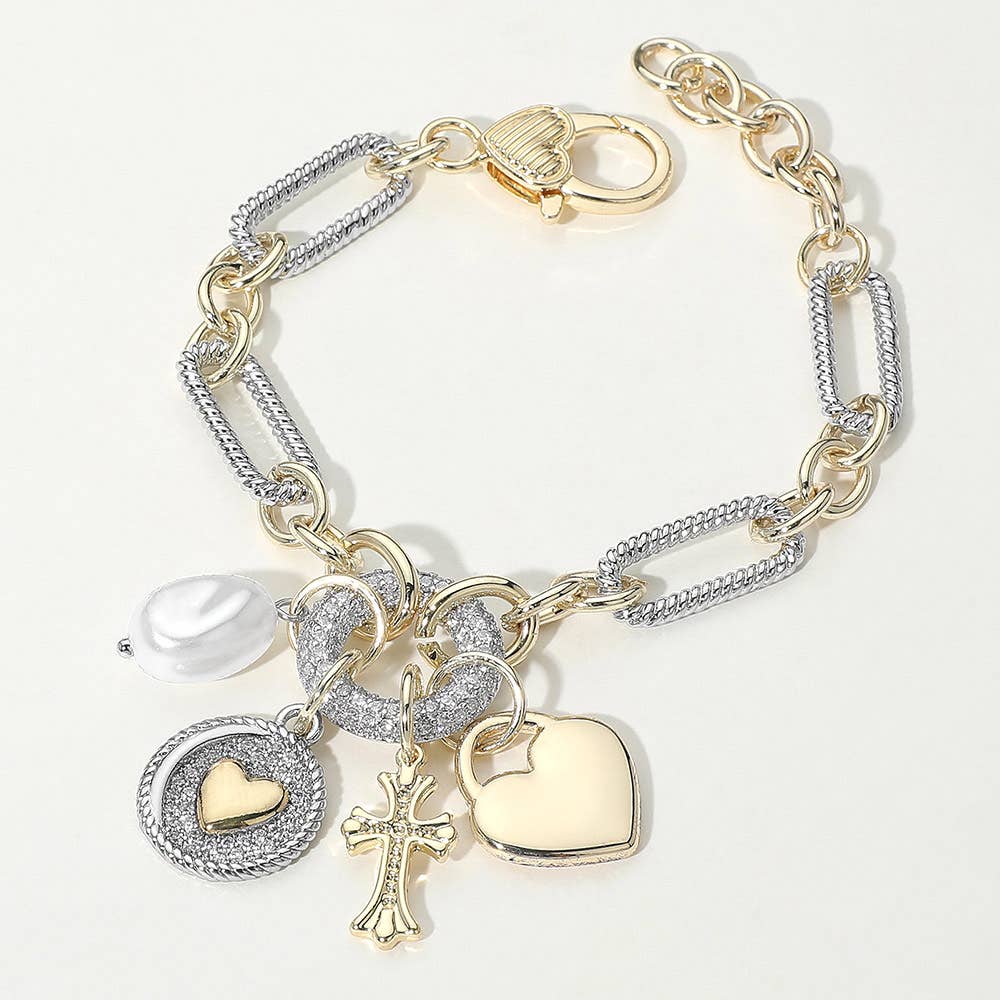 14K Gold Plated Two Tone CZ Stone Paved Heart Medallion Cross Pearl Charm Chunky Oval Chain Bracelet
