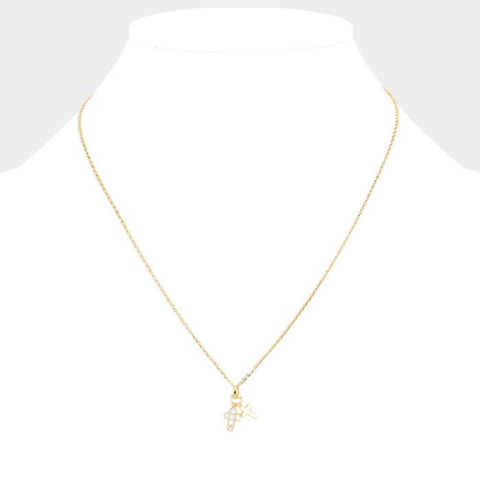 Gold Dipped CZ Stone Paved Double Cross Pendant Necklace