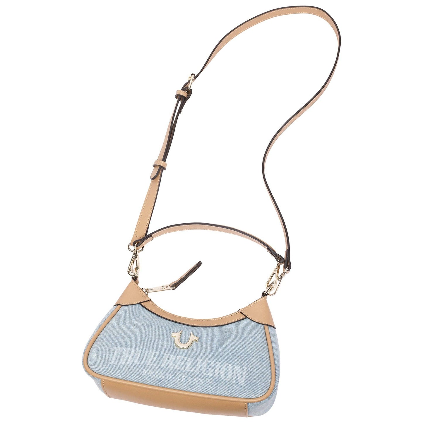 True Religion Blair Denim & PU Shoulder Bag – Logo Denim Mini Shoulder Bag with Detachable Strap (Denim)