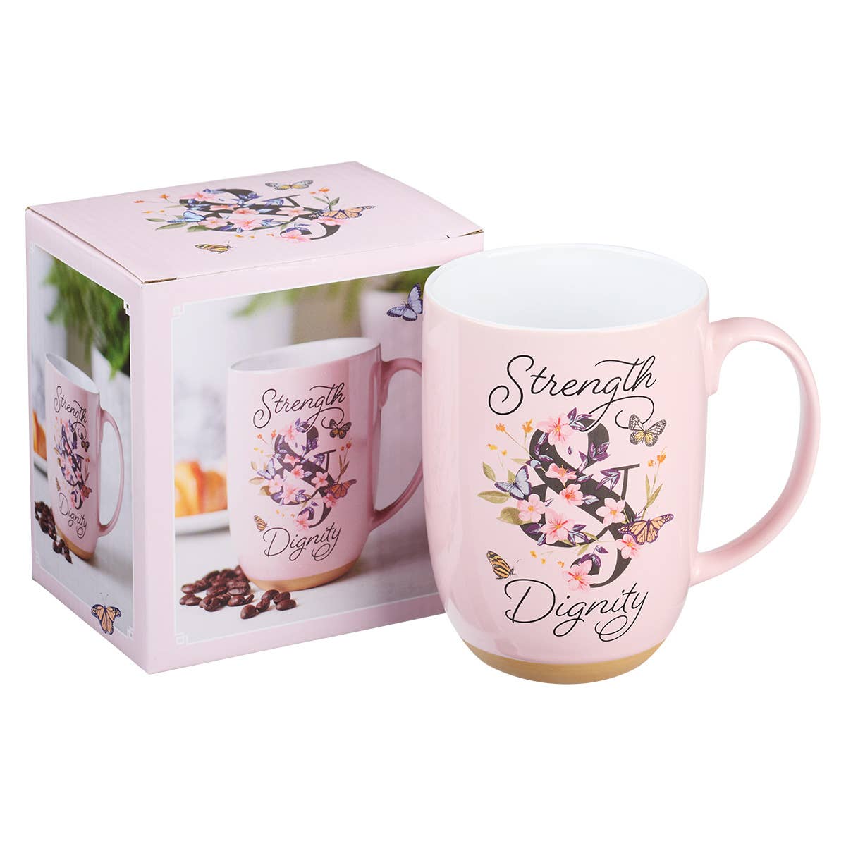 Strength and Dignity Pink Butterfly Garden Ceramic Coffee Mu