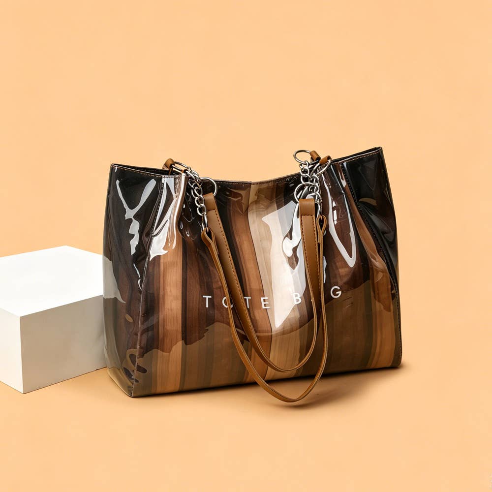 Gradient Striped PVC Tote Bag Letter Print Daily Commute Bag