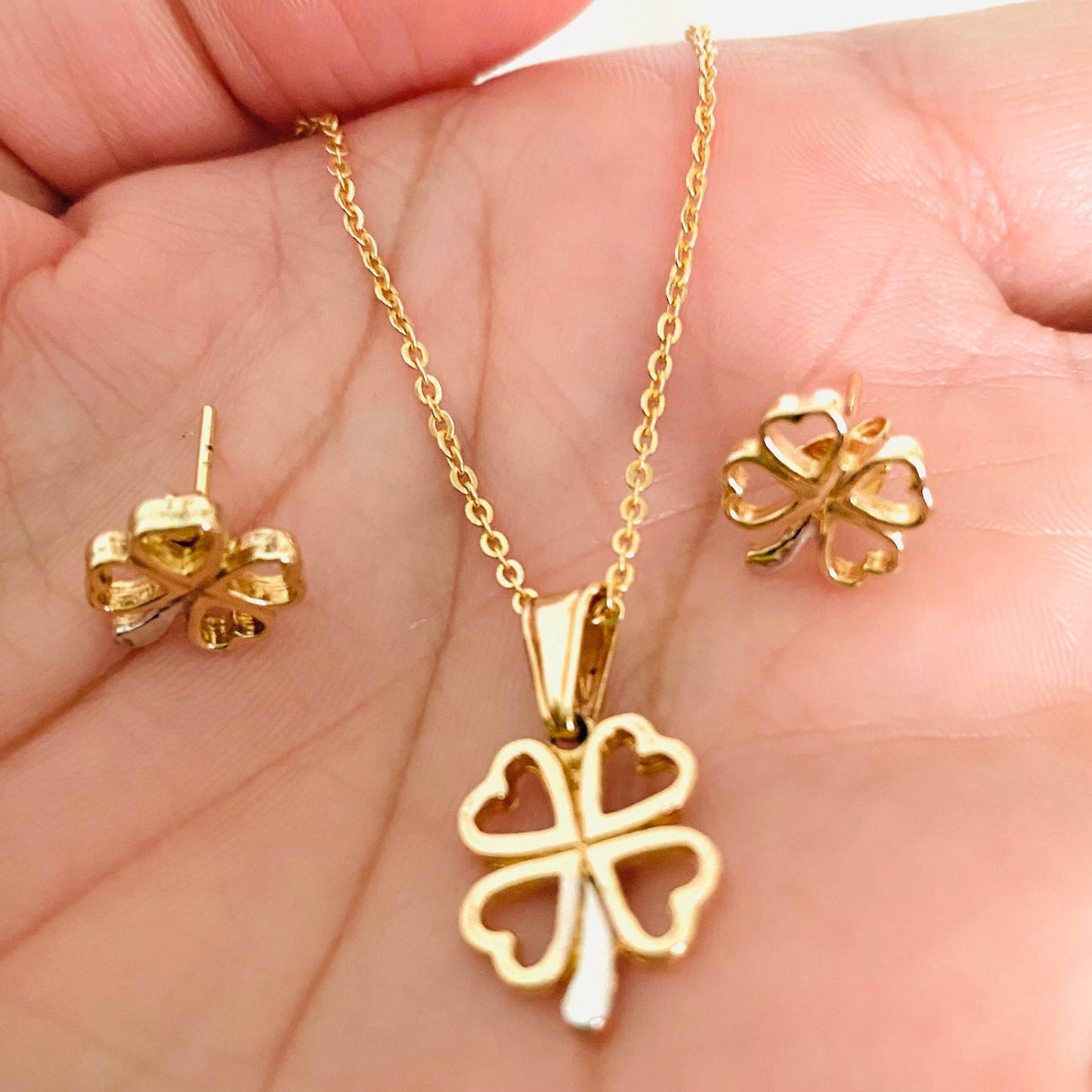 Lucky Four Leaf Clover Set, Clover Necklace & Earrings, Luck Charm Necklace, Clover Jewelry, Leaf Necklace, Minimalist Clover Set for Mom