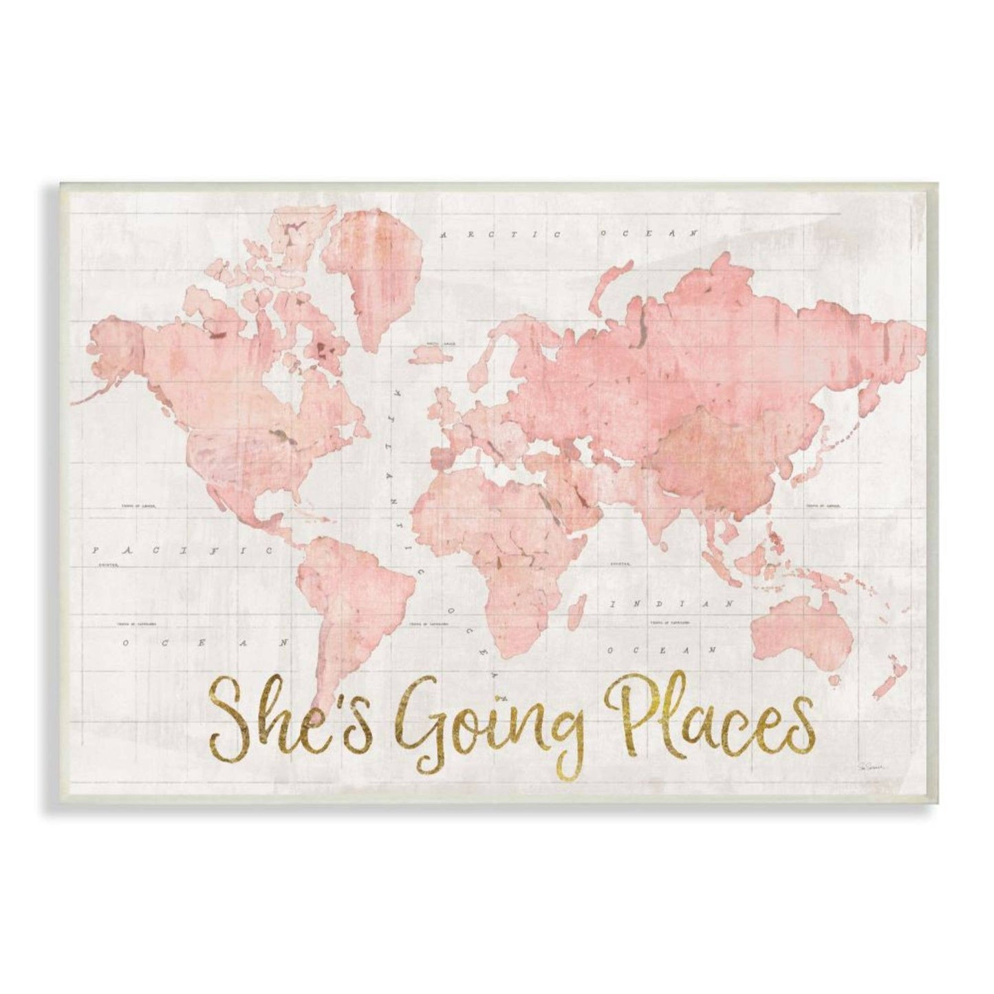 She's Going Places Quote Pink Watercolor World Map Wall Art